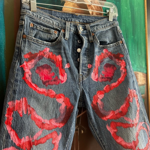 Levi's 501’s Blue and Pink Painted Artistic Straight Leg Jeans W26" X L28" - Picture 8 of 16